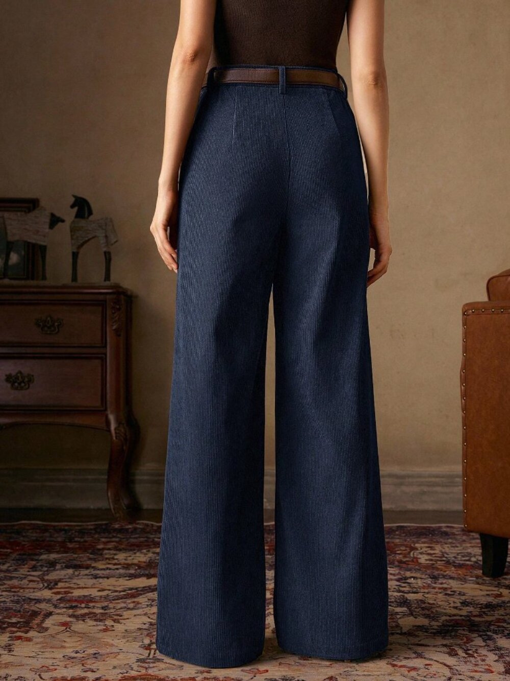 Navy Blue Casual Women's Corduroy Trousers - Picture 2 of 7